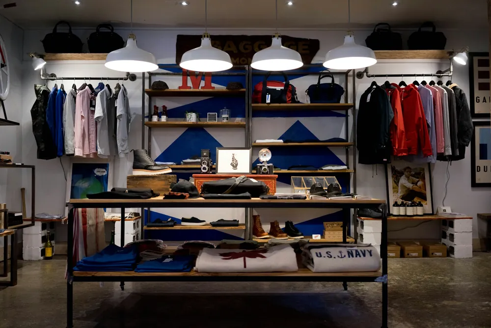 Boutique retail store with clothing displays and shelving