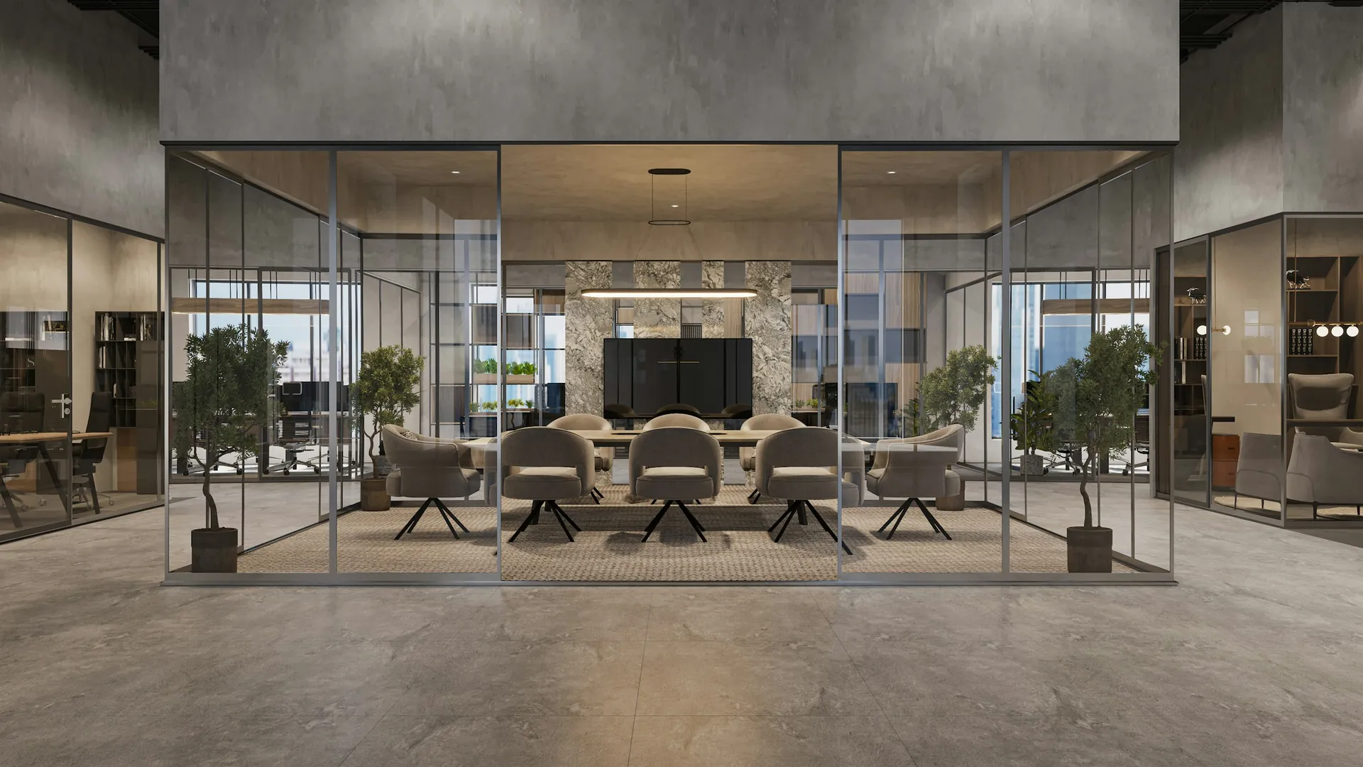 Glass-walled meeting room in a modern office with soft evening light